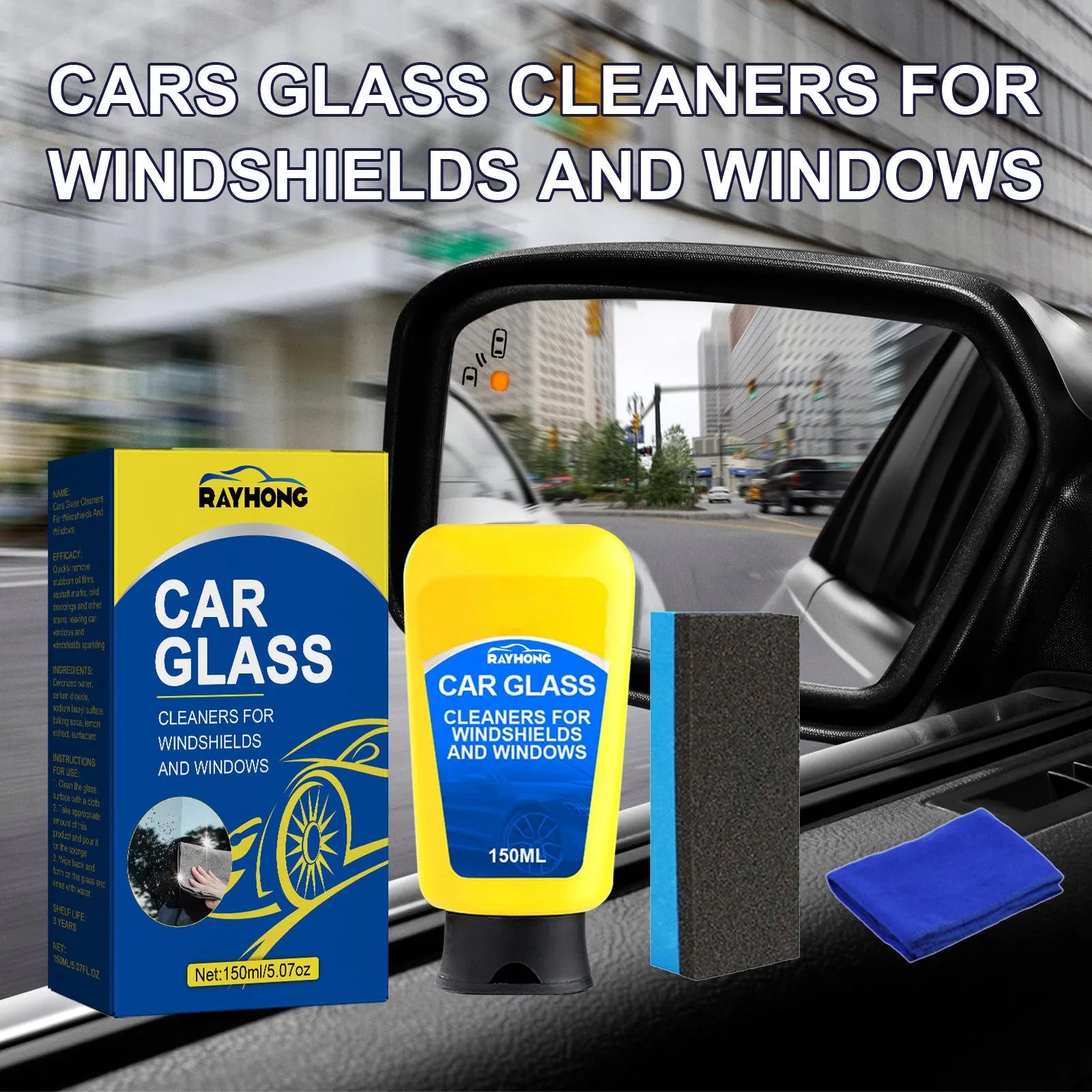 Windscreen cleaning kit with 150ml detergent bottle, small sponge, and microfibre cloth.