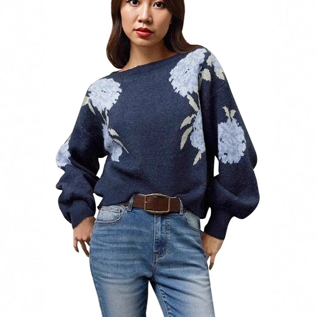 Sapphire blue women's pullover with floral jacquard pattern and off-neck design