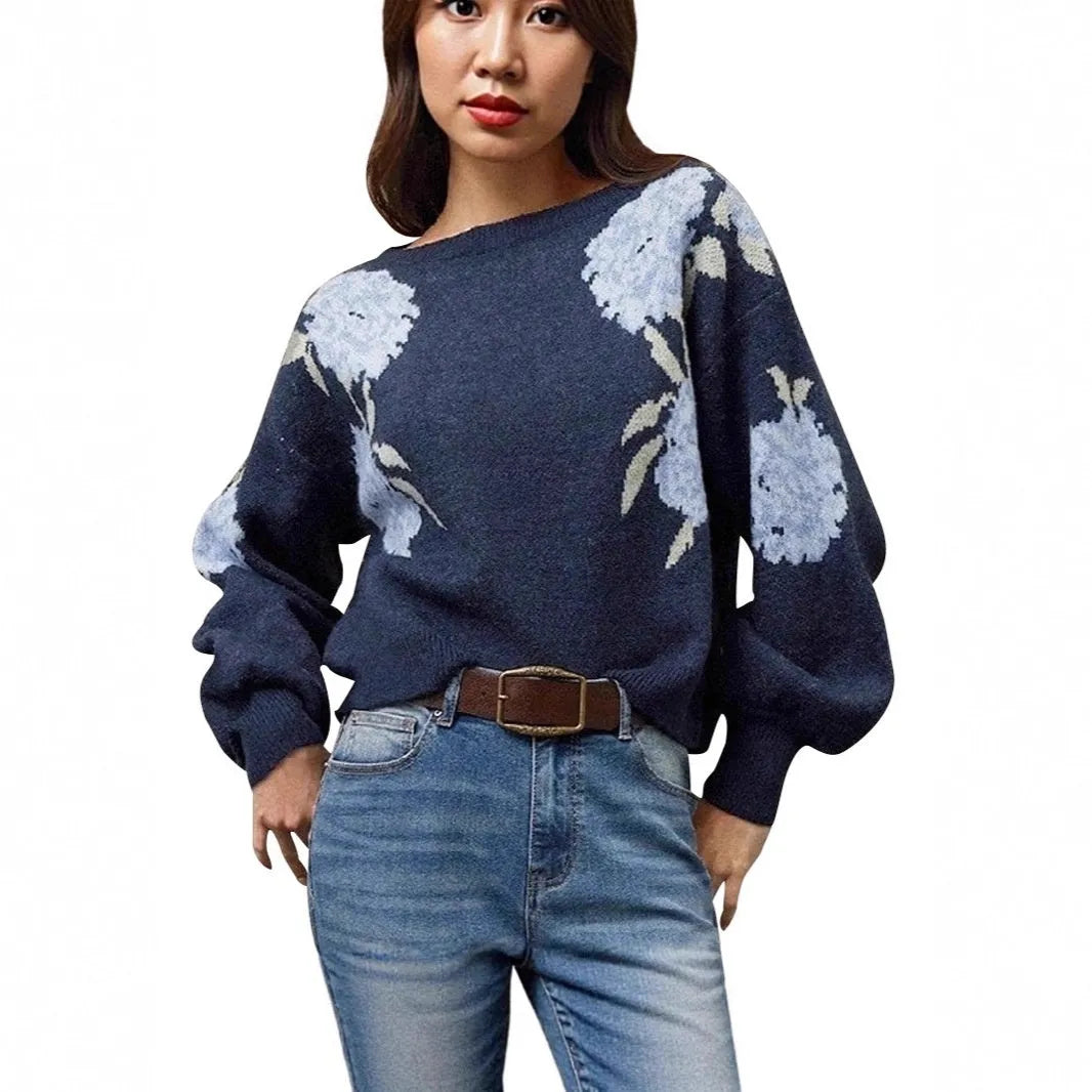 Sapphire blue women's pullover with floral jacquard pattern and off-neck design