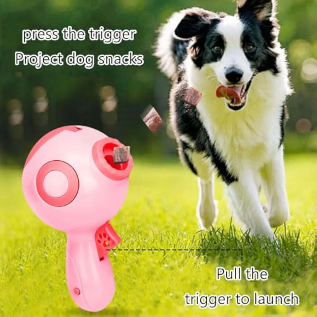 Green, orange, and pink interactive dog treat launcher toy with food dispenser.