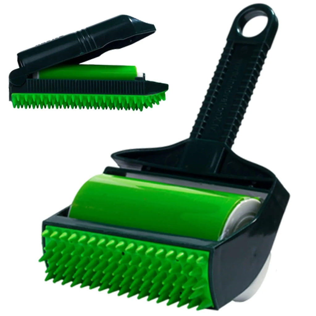 Yellow and green portable washable lint roller for removing pet hair from fabrics.