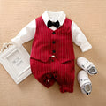 Wine red cotton baby boy romper suit with long sleeves for autumn and spring wear.