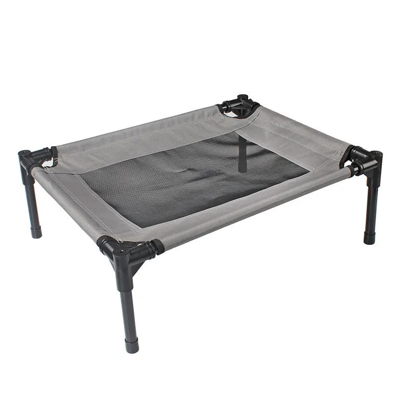 Black outdoor dog bed with removable oxford cloth cover and steel frame measuring 55cm long