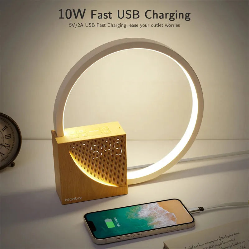 Navy blue wooden finish touch control bedside lamp with digital alarm clock display and natural sounds.
