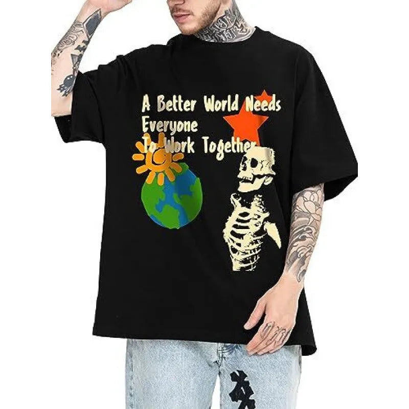 Man wearing a digitally printed short-sleeved street style sports T-shirt in a casual setting.