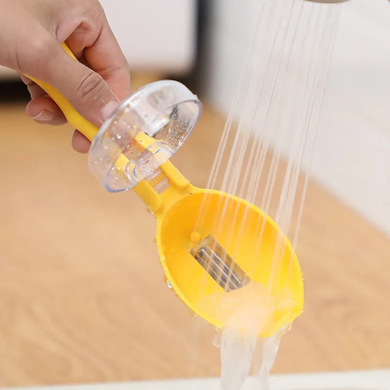 Yellow peeling knife with a blue storage lid on a kitchen counter.