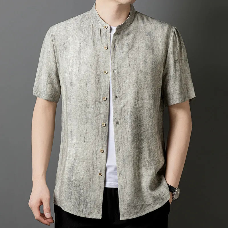 Men's loose-fit linen-look cardigan-style shirt in a viscose blend, shown in black and grey.