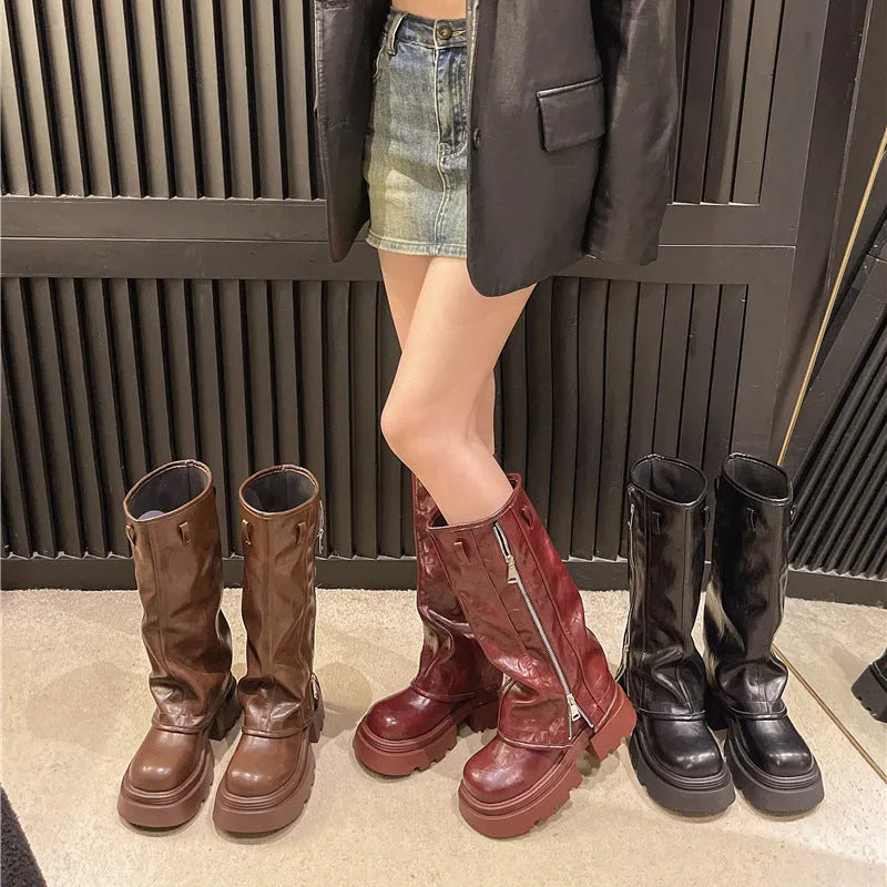 Platform muffin pants Martin boots with high cylinder design and square heel in black, brown and wine red colours