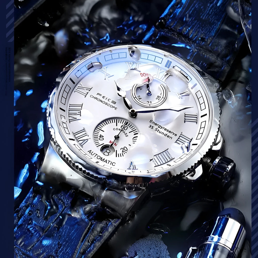 Automatic mechanical watch for men with black silicone band, luminous dial, and stainless steel watch bottom