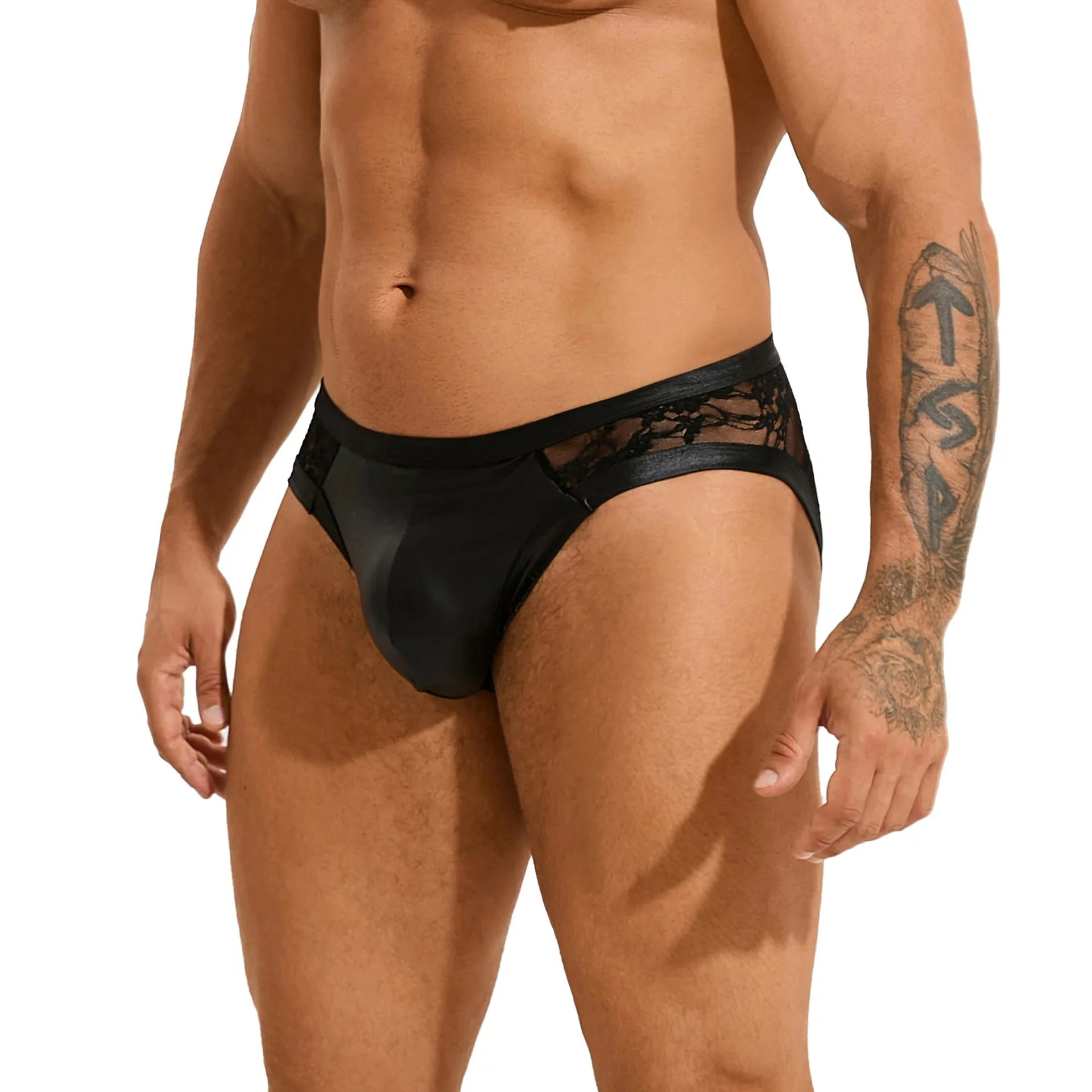 Black men's faux leather briefs with lace stitching detail in multiple sizes