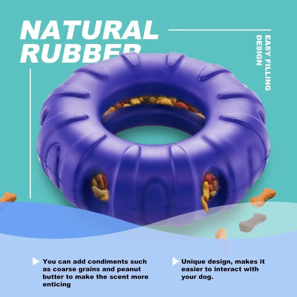 Blue green red beef flavoured tyre-shaped natural rubber dog chew toy and slow feeder