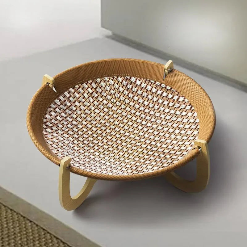 Brown woven rattan pet hammock bed with a cool mat for cats and small dogs.