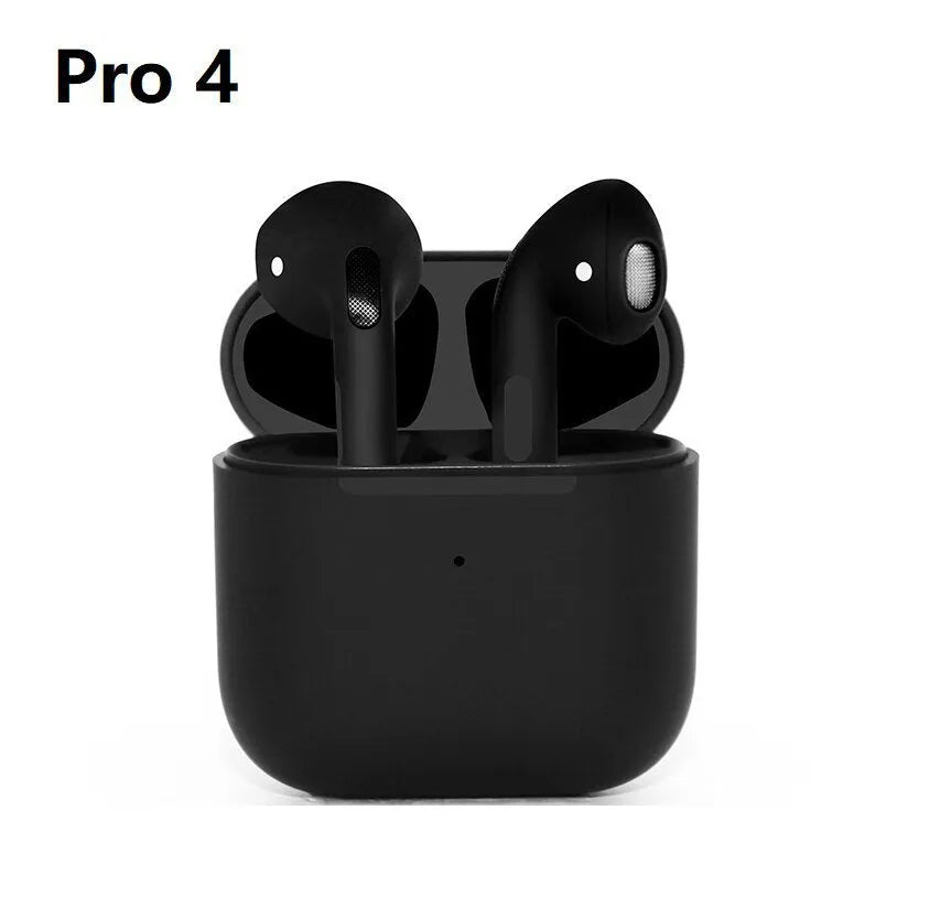 Pro4 Black and White wireless Bluetooth in-ear sports headphones with charging case.