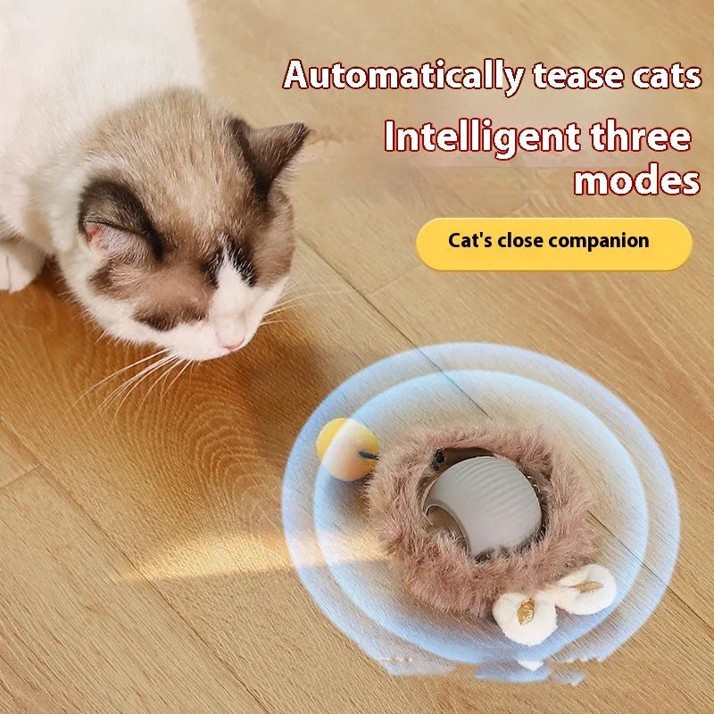Cat self-play toy with rolling silicone plush ball in multiple colour options