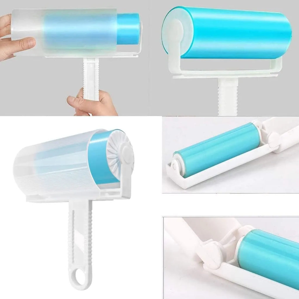 Blue washable lint roller with cover for removing pet hair from clothes and furniture