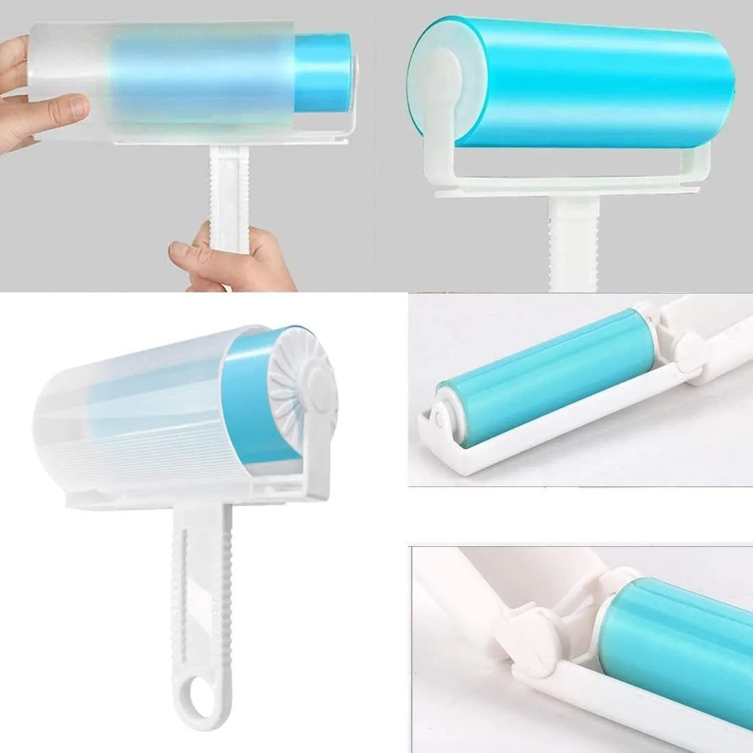 Blue washable lint roller with cover for removing pet hair from clothes and furniture