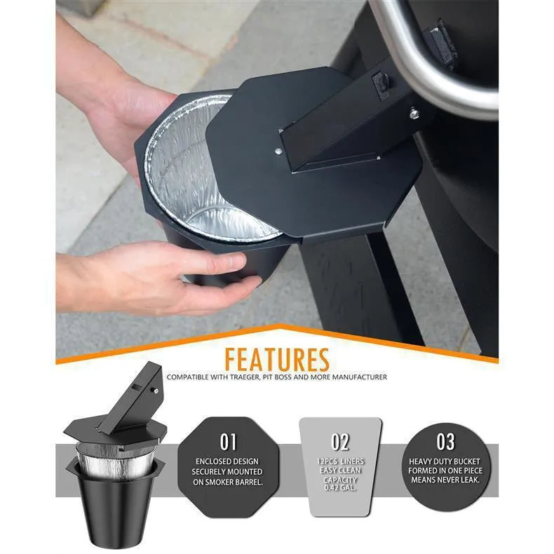 Black aluminium grease catcher with lid and disposable foil drip buckets for barbecue grill