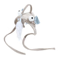 Grey cat teaser toy with adjustable headband, feather decoration, and big eye fish design