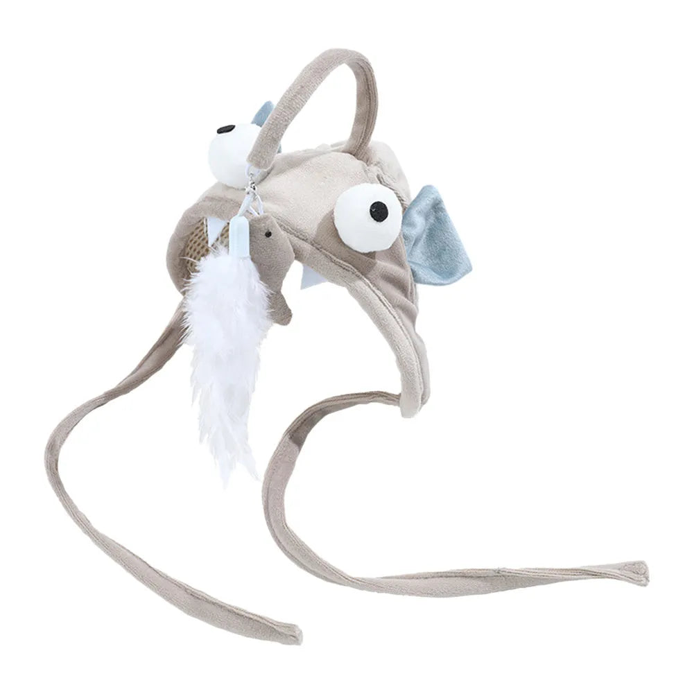 Grey cat teaser toy with adjustable headband, feather decoration, and big eye fish design
