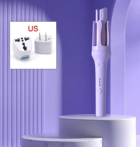 Automatic hair curler in white with purple accents, showing 32mm barrel and UK plug.