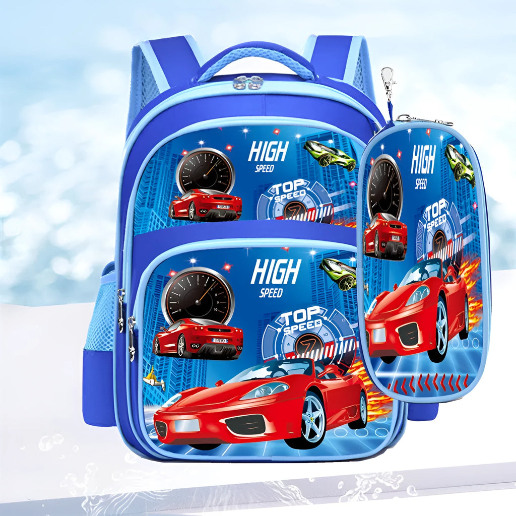 Blue children's cartoon backpack with load-reducing straps and a pencil case attached.