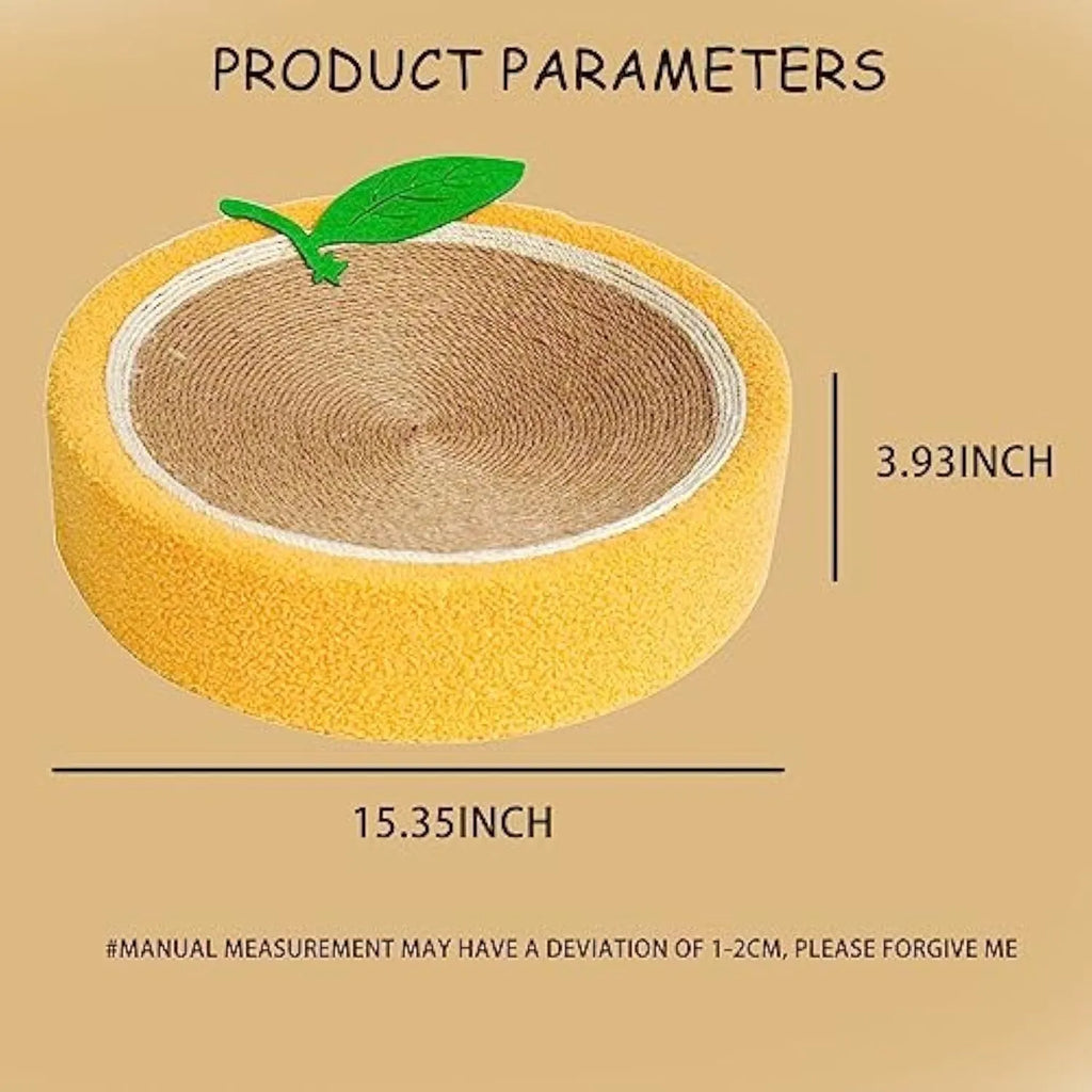 Yellow fruit-shaped sisal cat scratching board and round bed for small cats