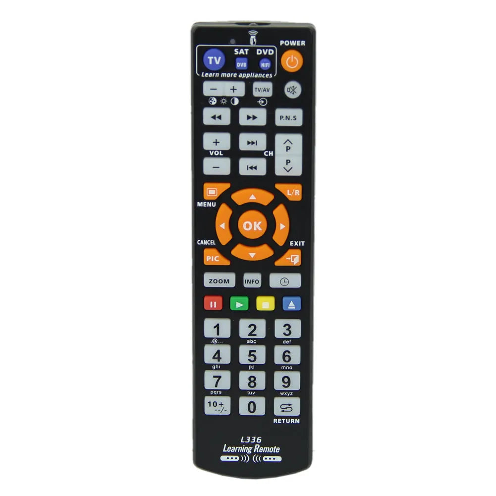 Black L336 learning remote control showing button layout and 20cm length