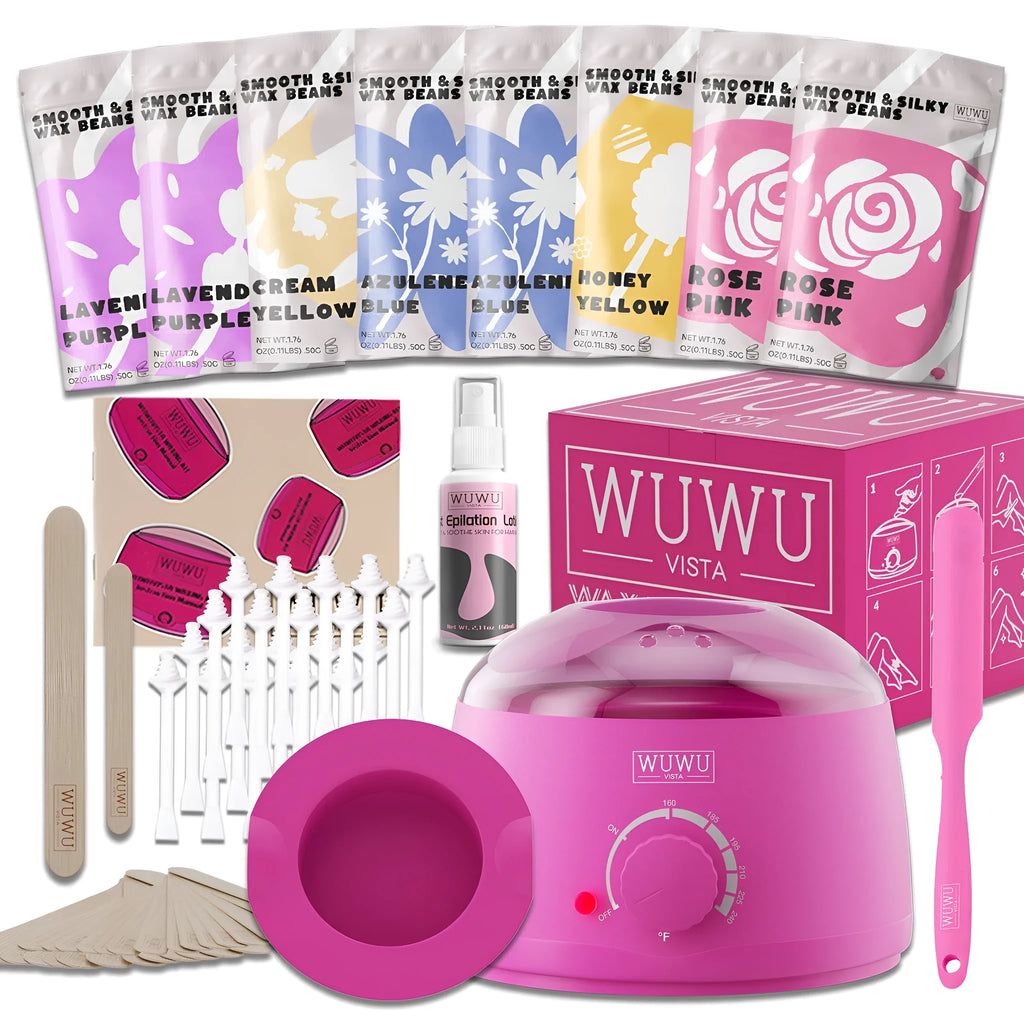 WUWUVISTA 63-piece waxing kit with black warmer, pink wax beads, applicator sticks and lotion