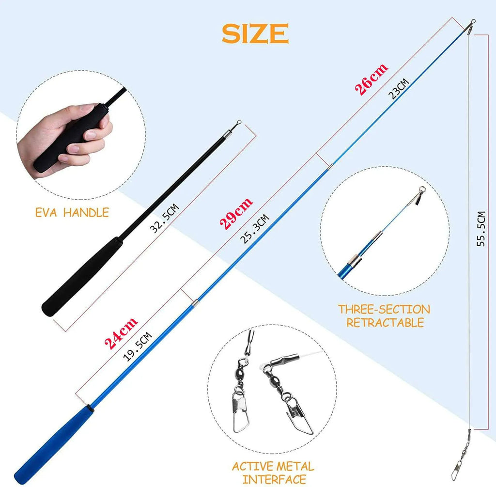 Cat feather teaser wand with telescopic fishing rod and interchangeable feather attachments