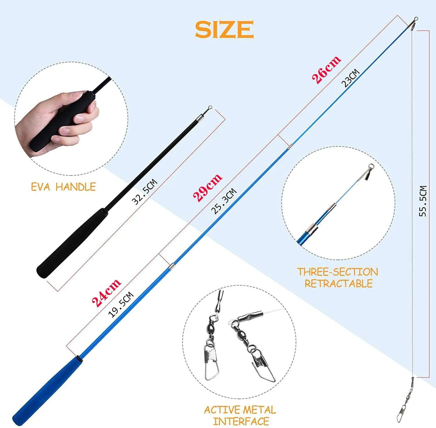 Cat feather teaser wand with telescopic fishing rod and interchangeable feather attachments