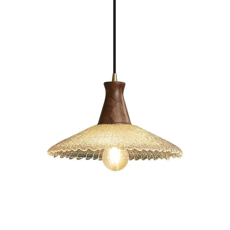 Wood and brass electroplated ceiling lamp with glass shade in three available sizes