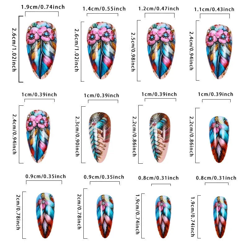 Retro style nail art stickers with colourful feather armour, cartoon, and butterfly designs plus a jelly glue burnishing stick.