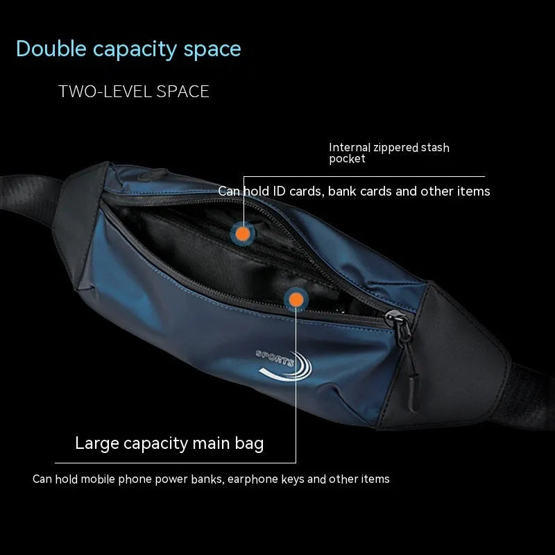 Men's blue waterproof Derm Oxford polyester waist bag for sports, showing its slim 45cm profile.