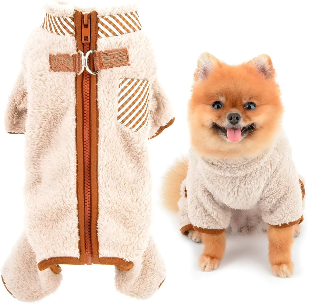 Green plush fleece dog coat with four-leg design and back zipper for small breed dogs