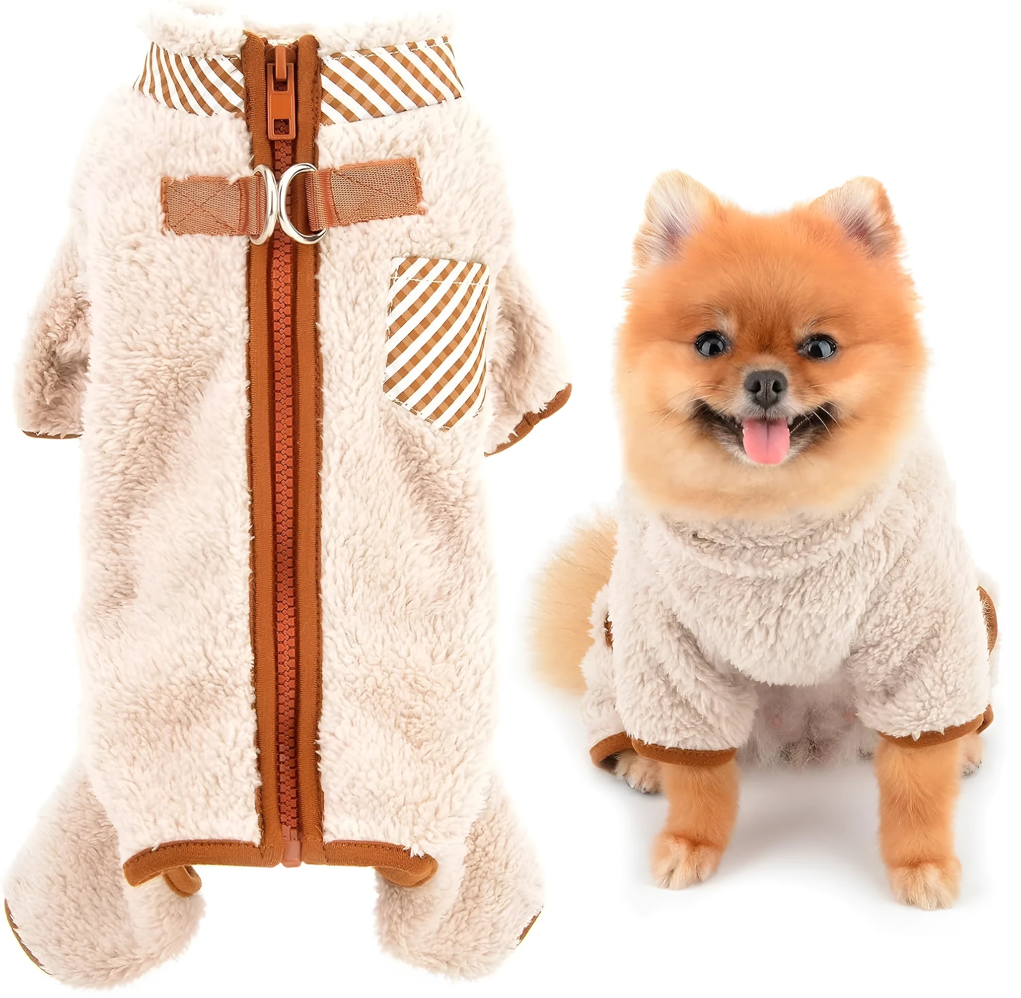 Green plush fleece dog coat with four-leg design and back zipper for small breed dogs