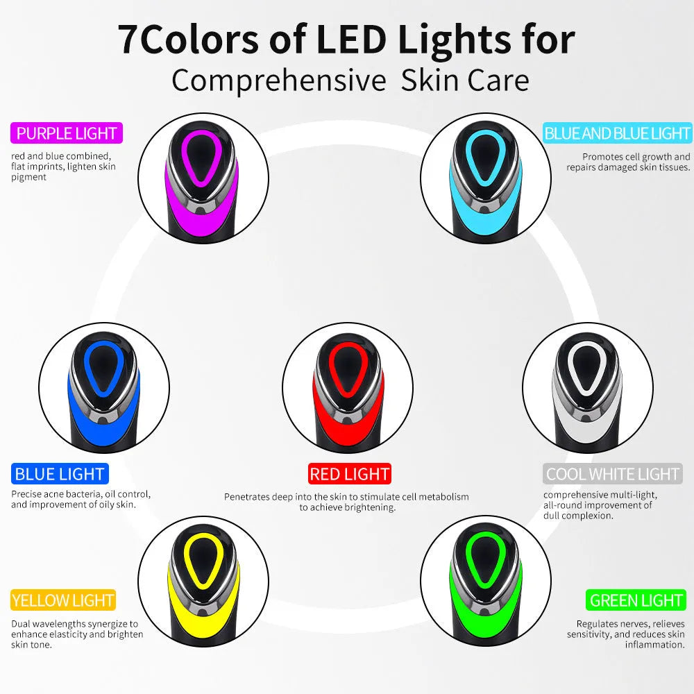 Black eye massager device showing 7 colour light therapy functions with vibration massage