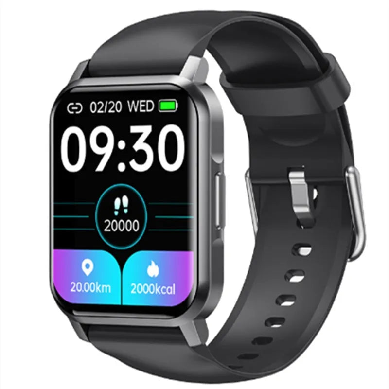 M2 smartwatch with black silicone strap and colour screen displaying health metrics.