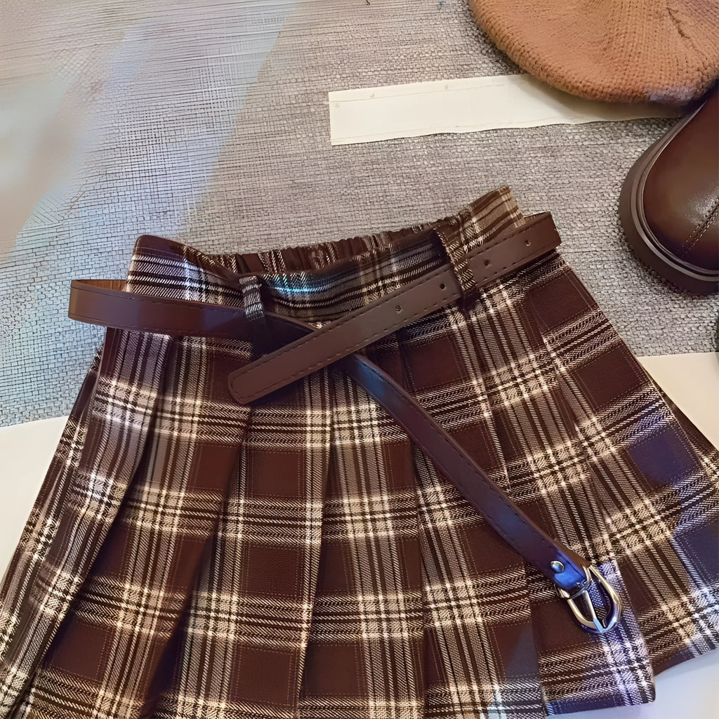 Girls' red and black plaid pleated A-line skirt on a hanger
