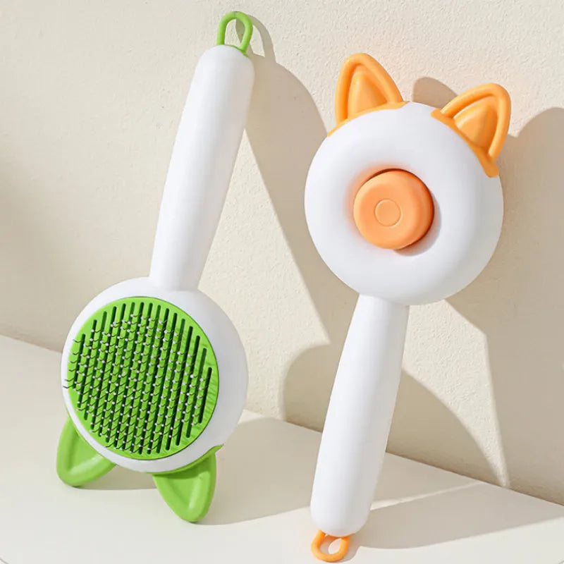 Self-cleaning cat grooming comb with stainless steel teeth in greenish white colour option