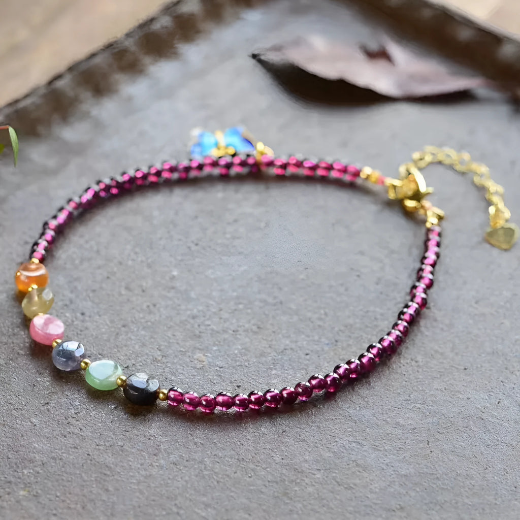 Purple natural garnet women's anklet with geometric design and adjustable chain