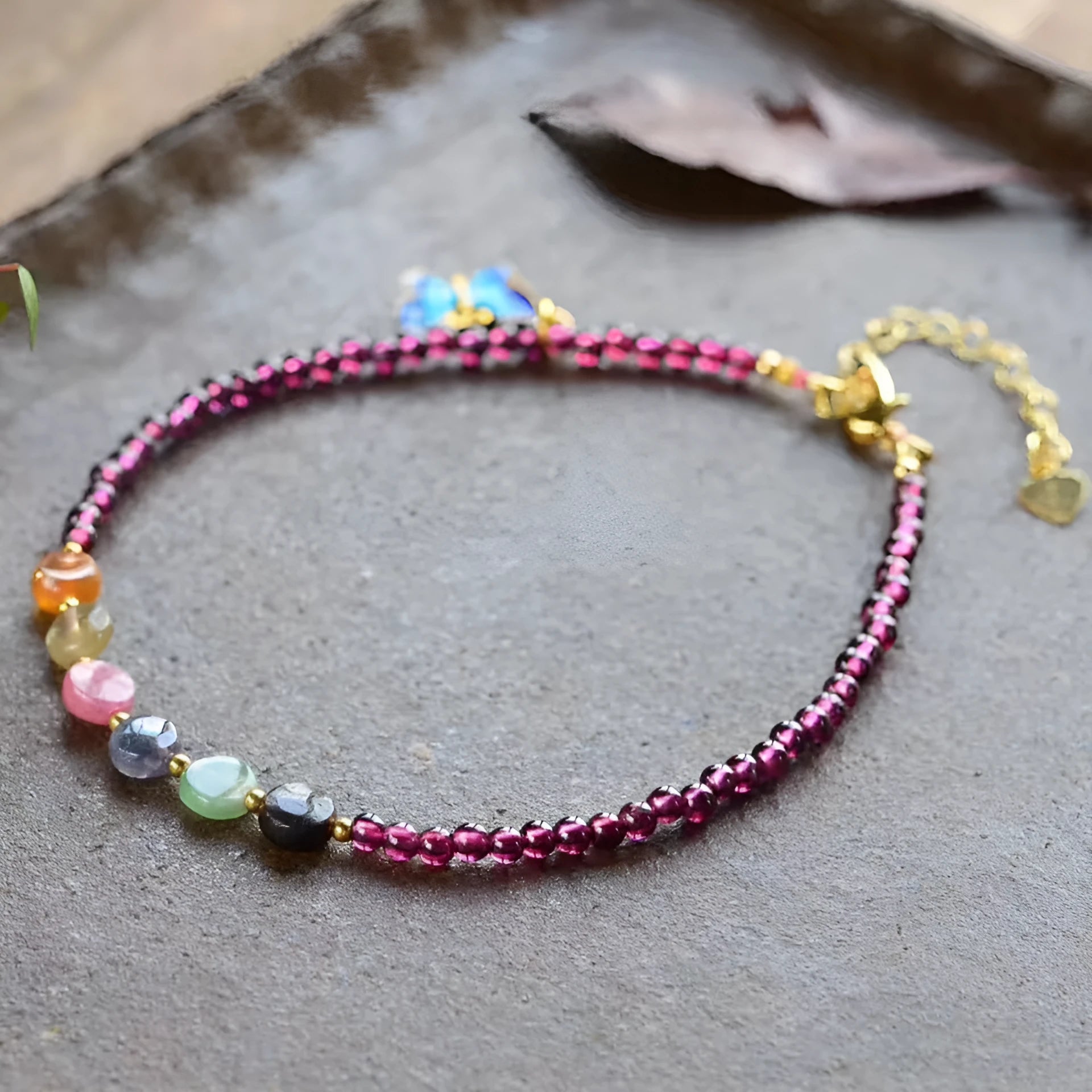 Purple natural garnet women's anklet with geometric design and adjustable chain