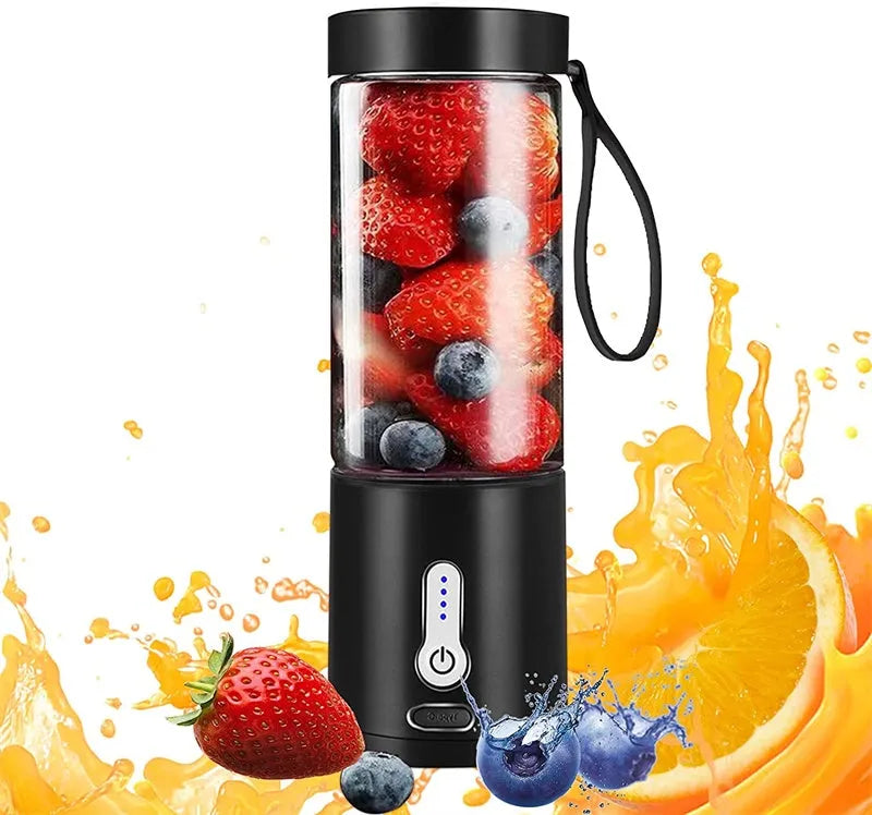 Black portable hand blender with transparent 530ml measuring cup and five-blade cutter head.