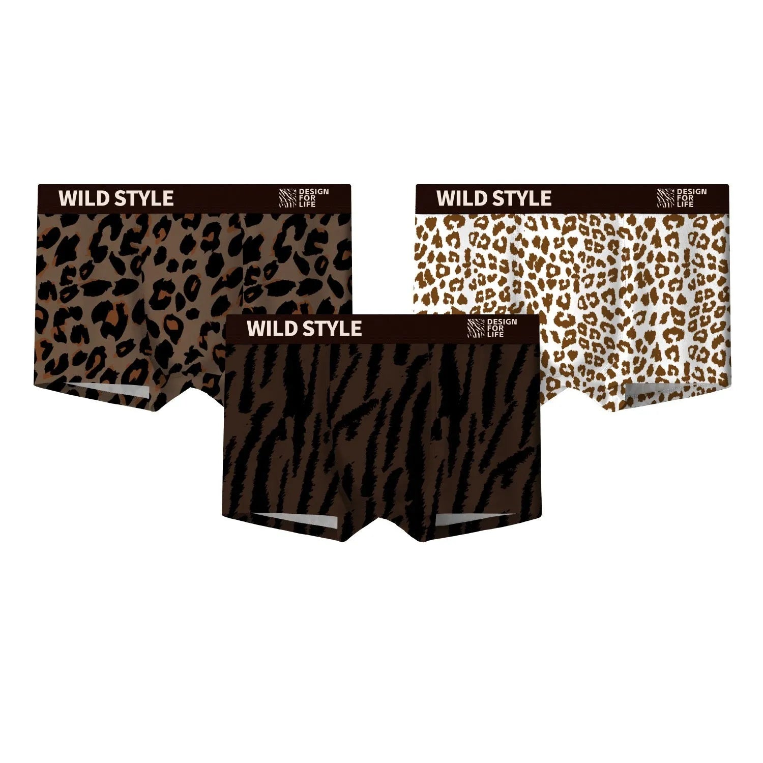 Men's leopard print boxer shorts made from knitted polyester fabric on a mid-waist mannequin.