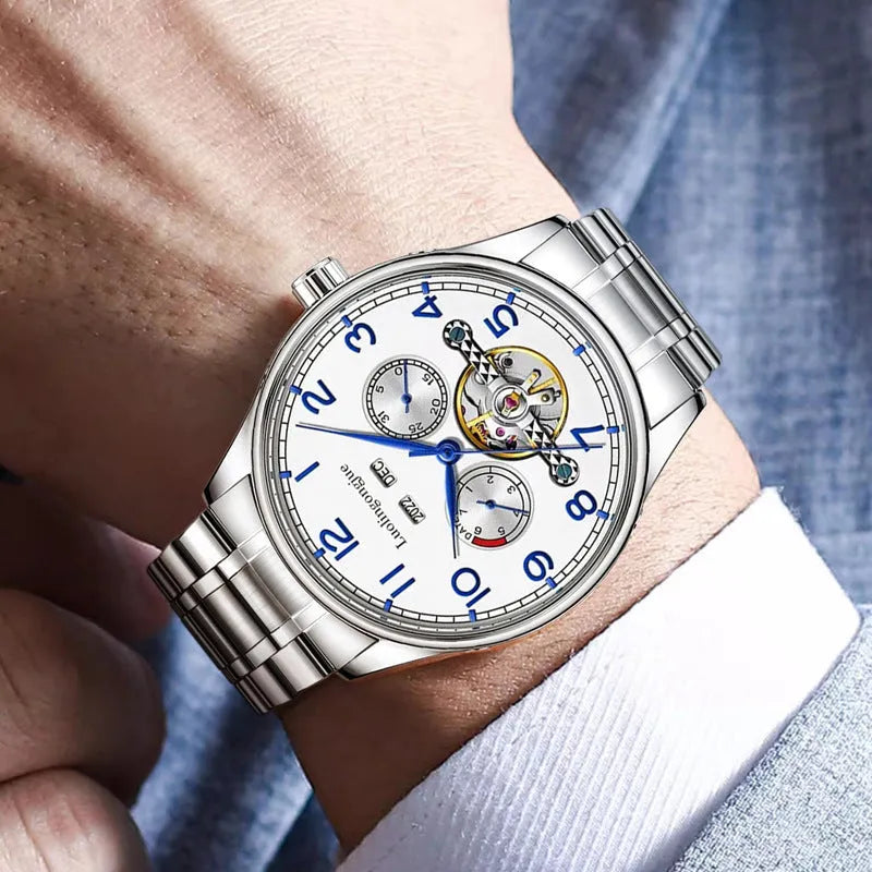 Men's stainless steel mechanical dress watch with leather strap and sapphire glass.