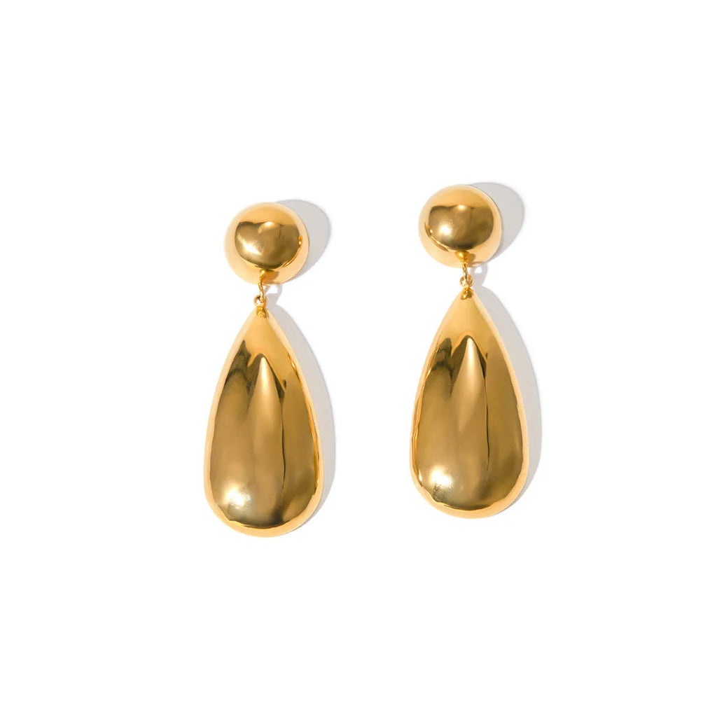 Gold stainless steel water drop shaped hemisphere pendant earrings for women.