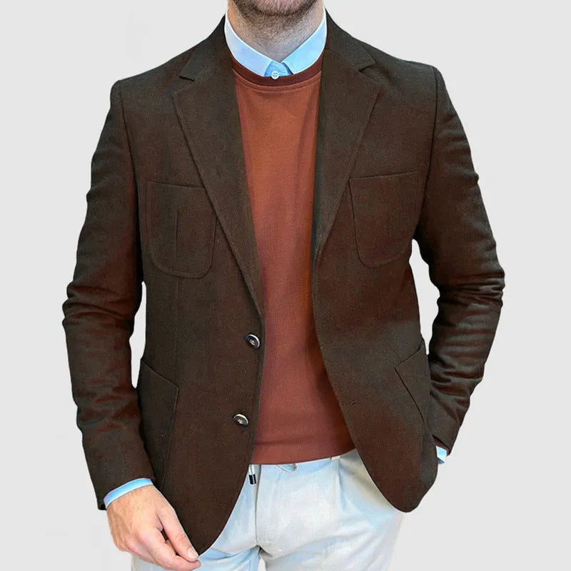 Men's loose retro cotton suit jacket in army green colour, showing front view on a model.