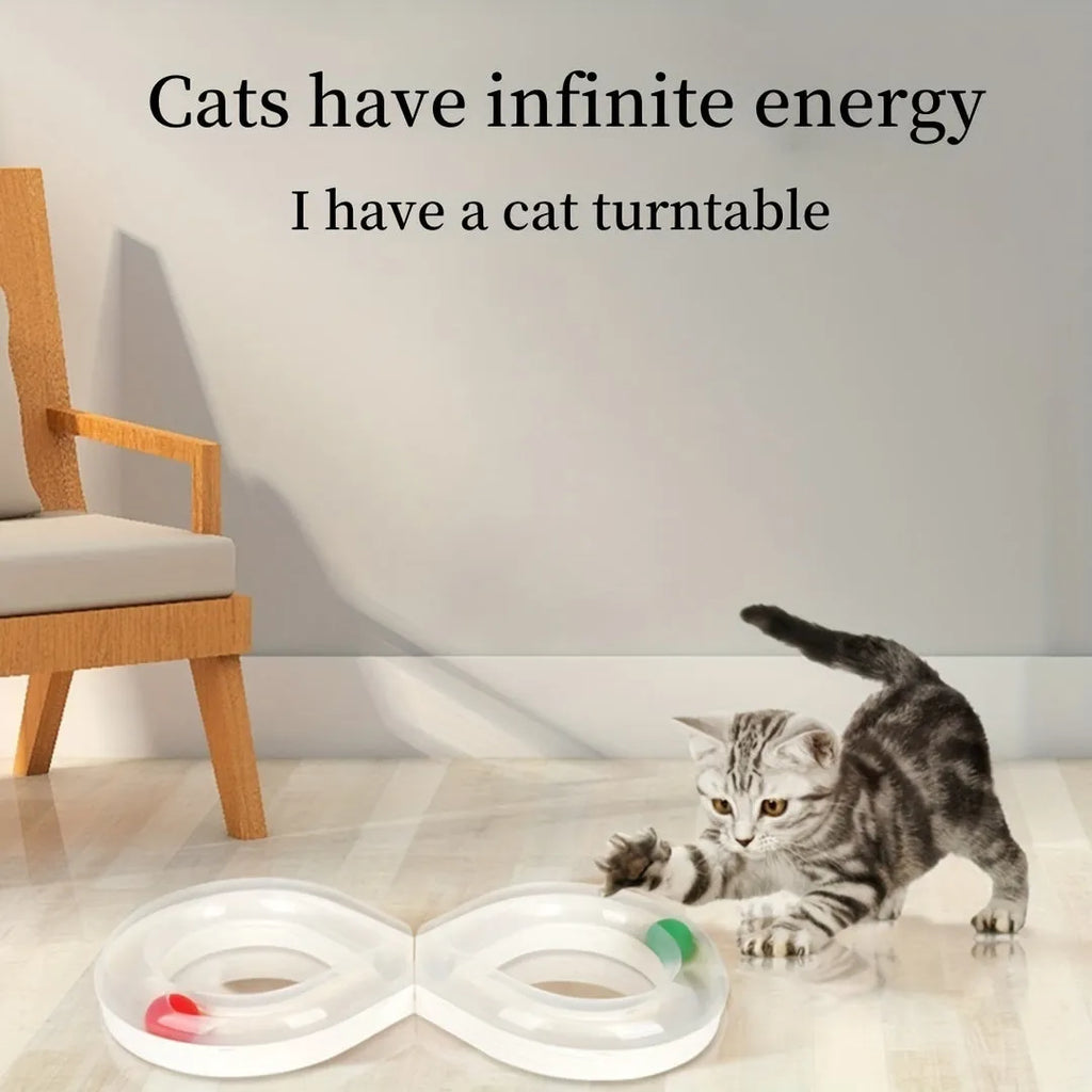 Blue and white cat turntable track ball toy with teasing stick attachment measuring 50cm