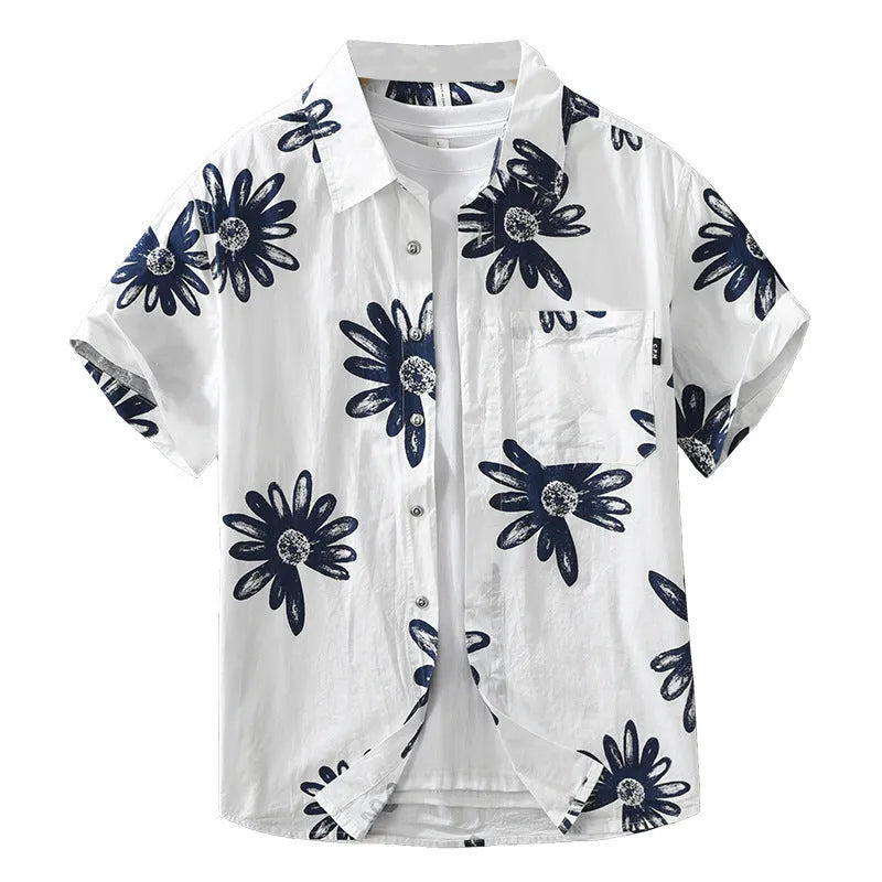 Printed short sleeve shirt cardigan in cotton blend fabric showing loose fit design