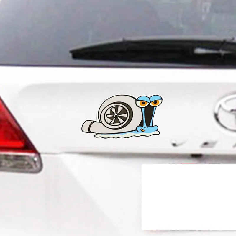White cartoon snail reflective car sticker for bumper measuring 12cm by 8cm