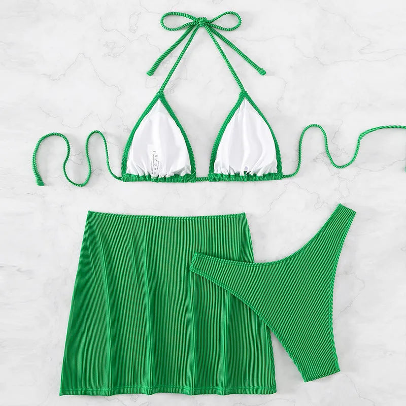 Bikini swimsuit set in small rib fabric, shown in khaki colour, styled as sleeveless briefs.